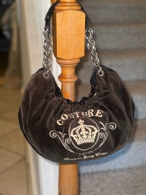 Authentic Vintage Juicy Couture Brown Velvet Fluffy Bag w/ Silver Chain Handles